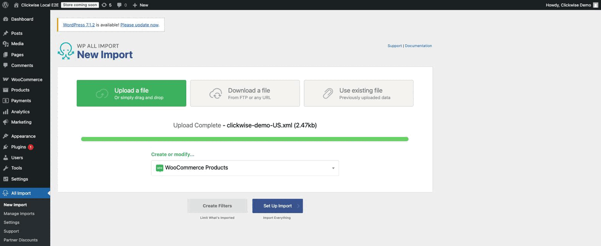 Local demo upload and WooCommerce Products target.